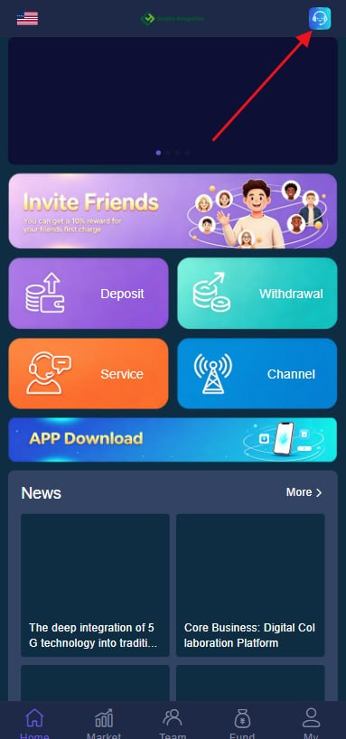 App home screen with a red arrow pointing to the customer-service headset icon in the top-right corner
