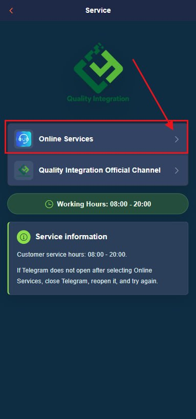 Service page with the first option, Online Services, highlighted by a red box and arrow