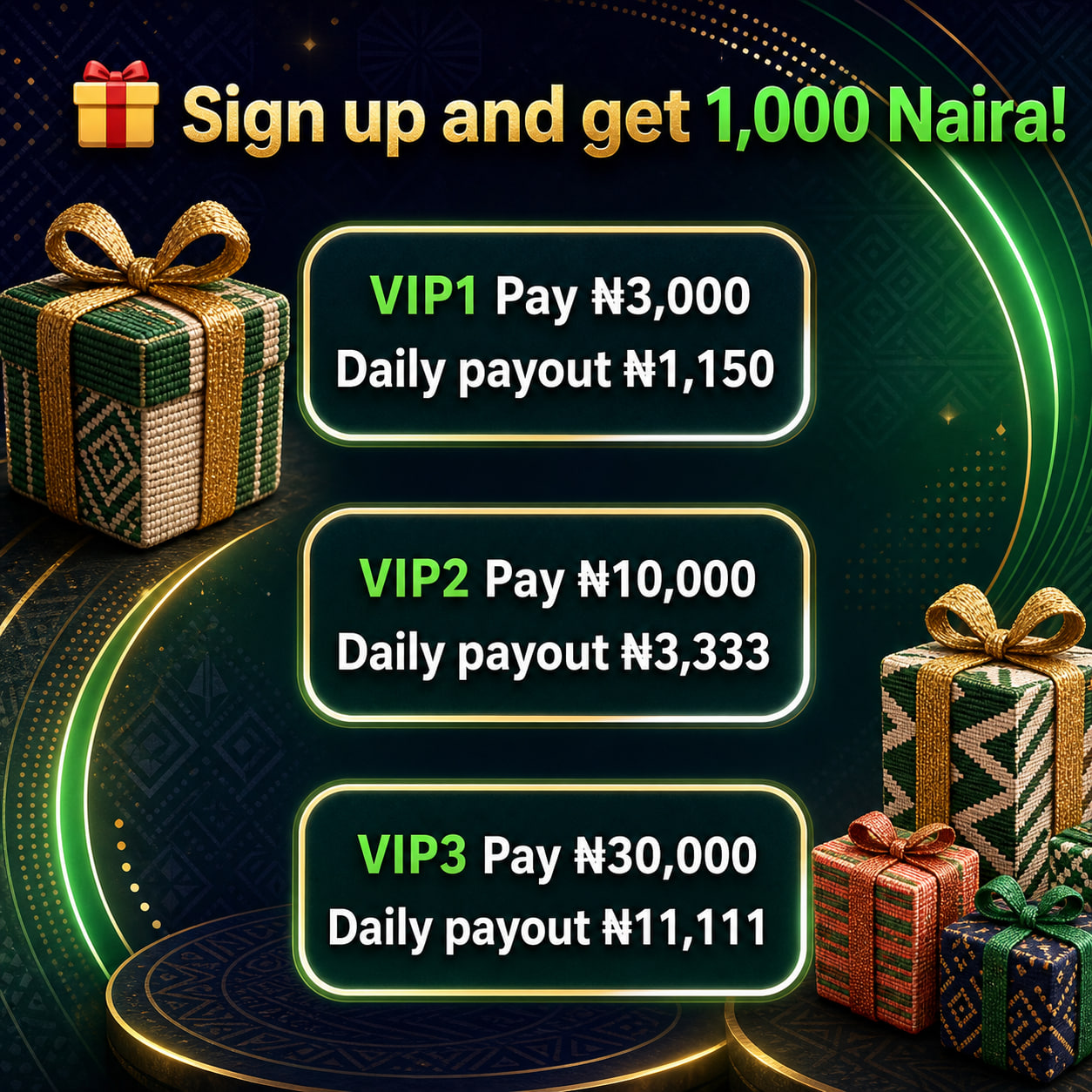 Promotional VIP reward plans and one-thousand-naira sign-up offer